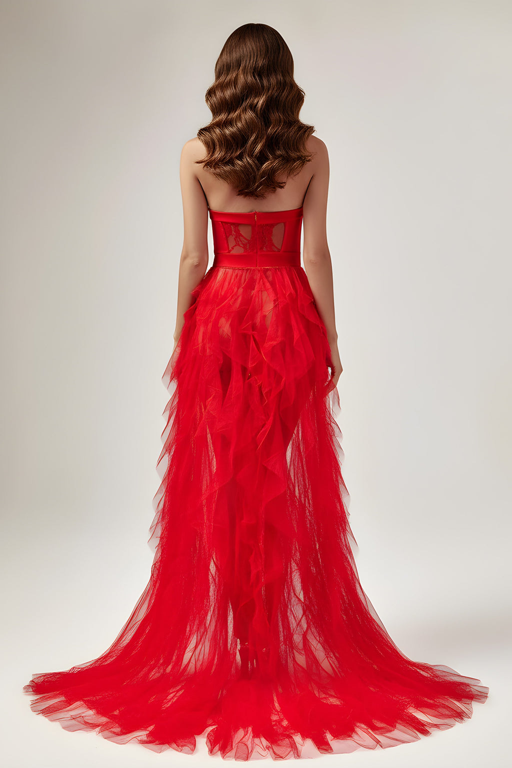 Strapless Lace Corset Maxi Dress With Tiered Ruffle Tulle Skirt