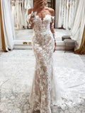 Mermaid Off-the-Shoulder Long Sleeves Cover Button Back Lace Wedding Dress