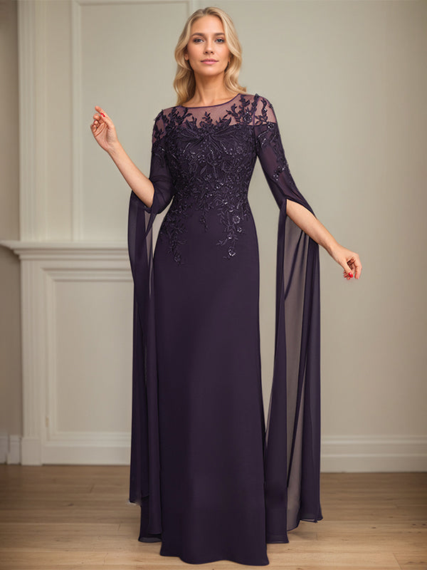 Abito lungo fino al pavimento da madre della sposa in chiffon e pizzo, modello a colonna con scollo a U e maniche a 1/2, decorato con paillettes