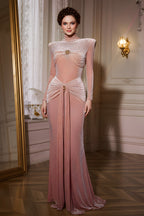 High Neck Textured Velvet Maxi Dress With Padded Shoulders