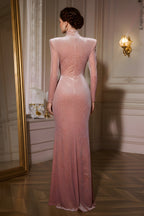 High Neck Textured Velvet Maxi Dress With Padded Shoulders