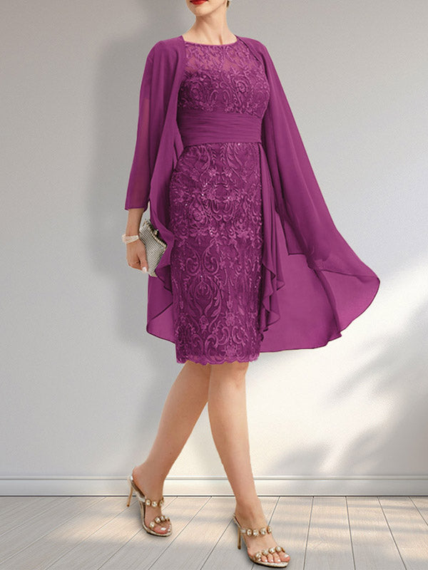 Etui Rundhals Illusions-Knie-lang Spitzen-Chiffon Brautmutterkleid mit Kaskaden-Rüschen und Pailletten