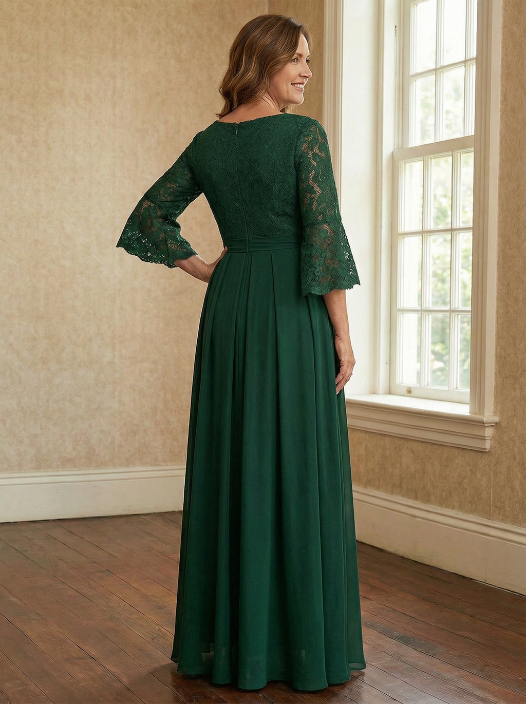 A-Linien Rundhals Knöchellanges Spitzenchiffon-Mutter-der-Braut-Kleid mit Schleife