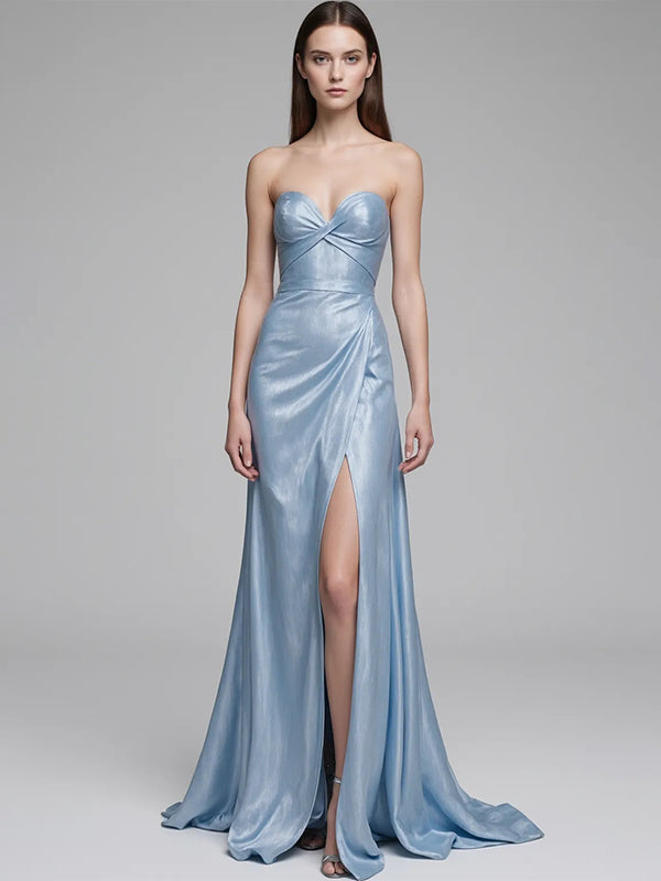 Vestido para fiesta de graduación con tirantes finos, azul brillante, largo hasta el suelo con abertura alta