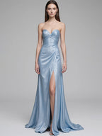 Vestido para fiesta de graduación con tirantes finos, azul brillante, largo hasta el suelo con abertura alta