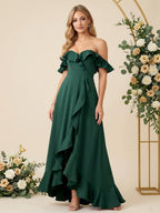 Off the Shoulder Asymmetric A Line Chiffon Long Bridesmaid Dresses with Ruffle