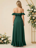 Off the Shoulder Asymmetric A Line Chiffon Long Bridesmaid Dresses with Ruffle