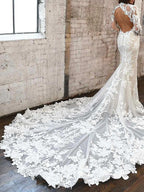 High Neck Long Sleeve Lace Mermaid Cutout Open Back Wedding Dress