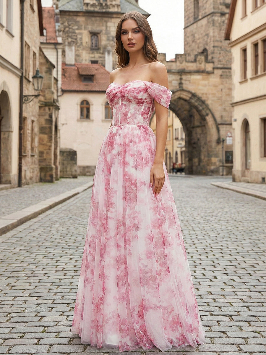 Rosa Blumen Schulterfreies Korsett A-Linien Lang Ballkleid