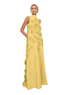 A Line High Neck Sleeveless Floor Length Stretch Crepe Dress With 3D Flowers
