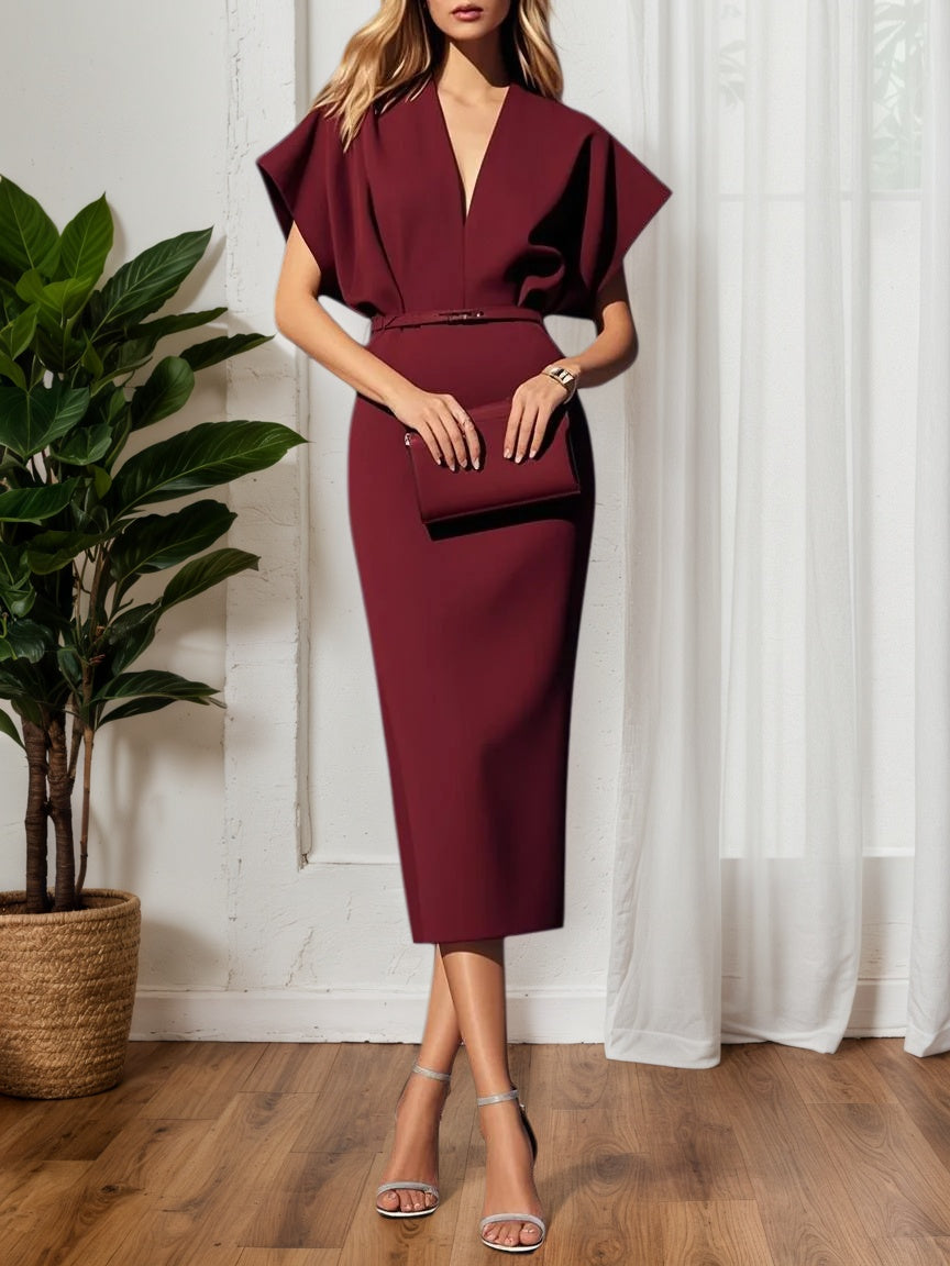 Robe midi classique bleu clair à encolure en V, manches courtes dolman