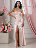 Evening Dress Pink One Shoulder Pleated High Slit Mermaid Fishtail Dress