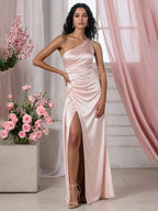 Evening Dress Pink One Shoulder Pleated High Slit Mermaid Fishtail Dress