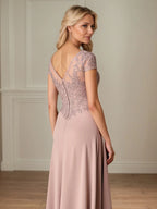 A-Linien Satin Kurzarm bodenlanges Mutter-der-Braut-Kleid mit Spitze