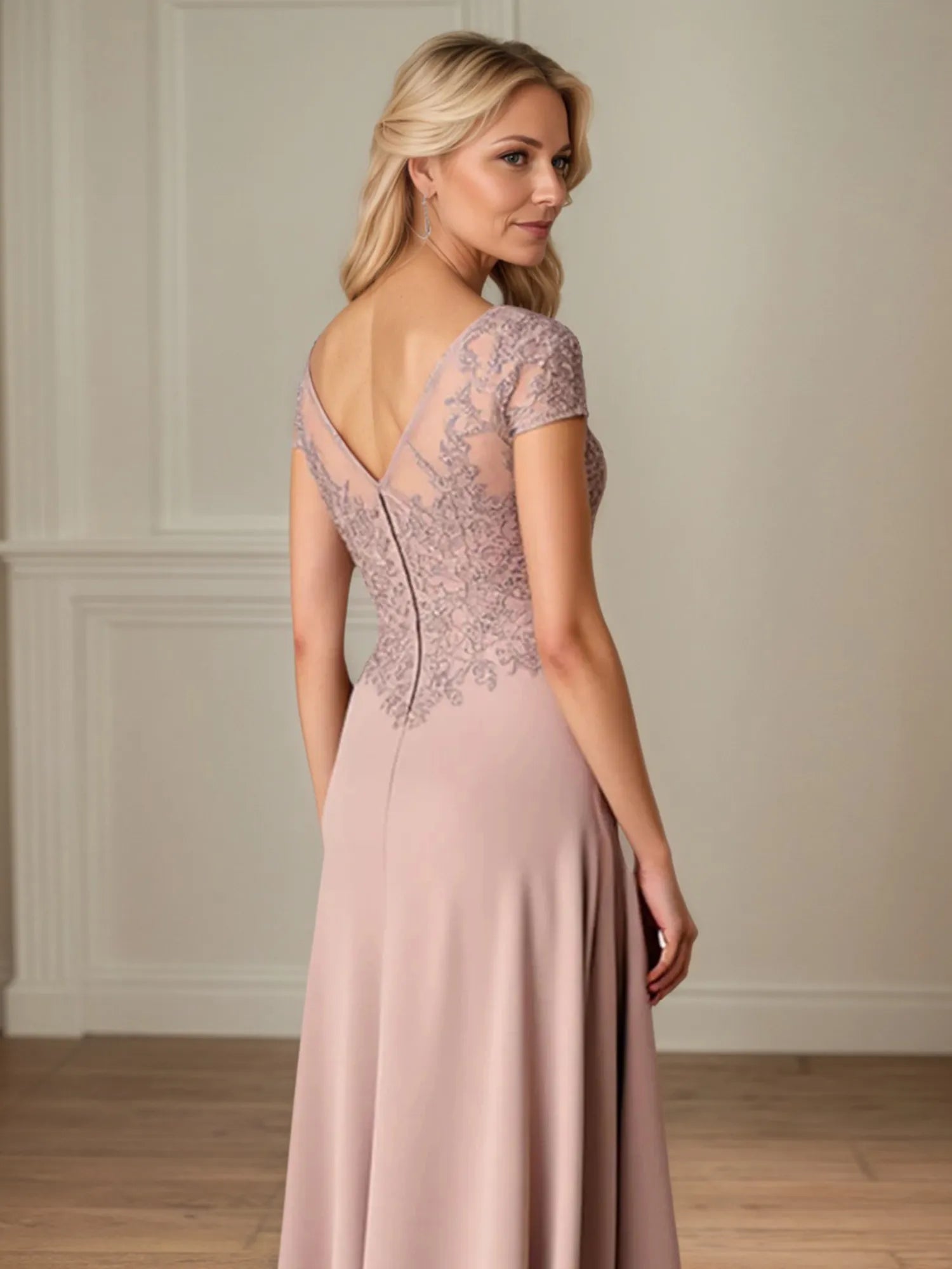 A Line Satin Short Sleeve Floor Length Mother of the Bride Dress with Lace