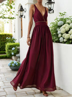 Abito lungo classico rosso vino A-line senza maniche con scollo a V e strass