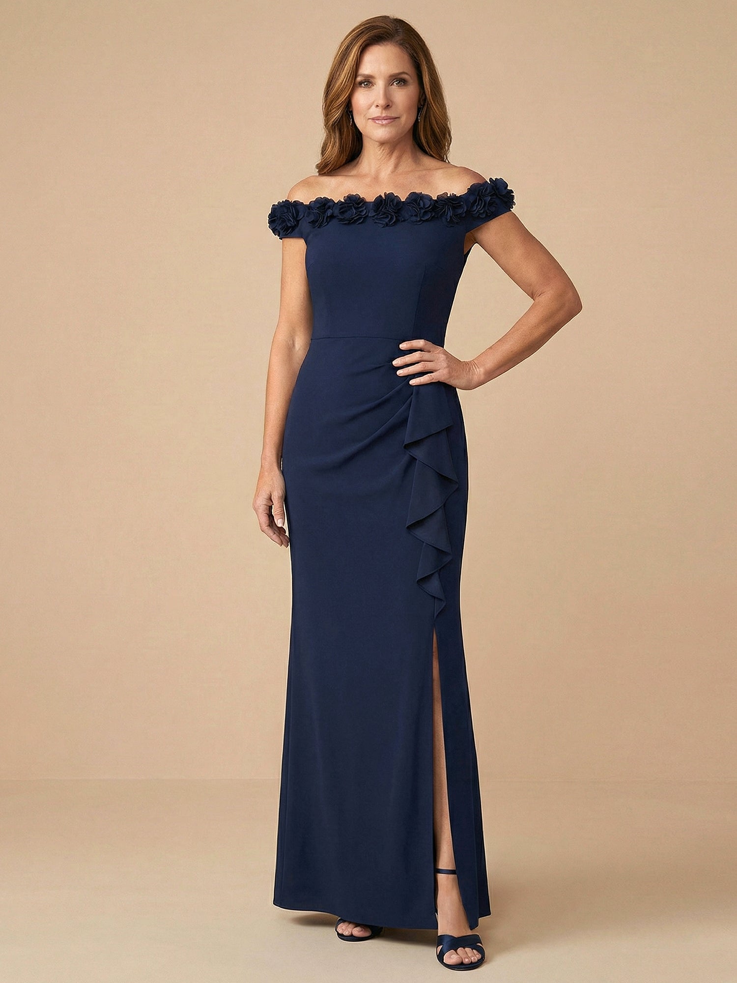 Off the Shoulder 3D Flower Mermaid Satin Mother of the Bride Dress with Ruffle