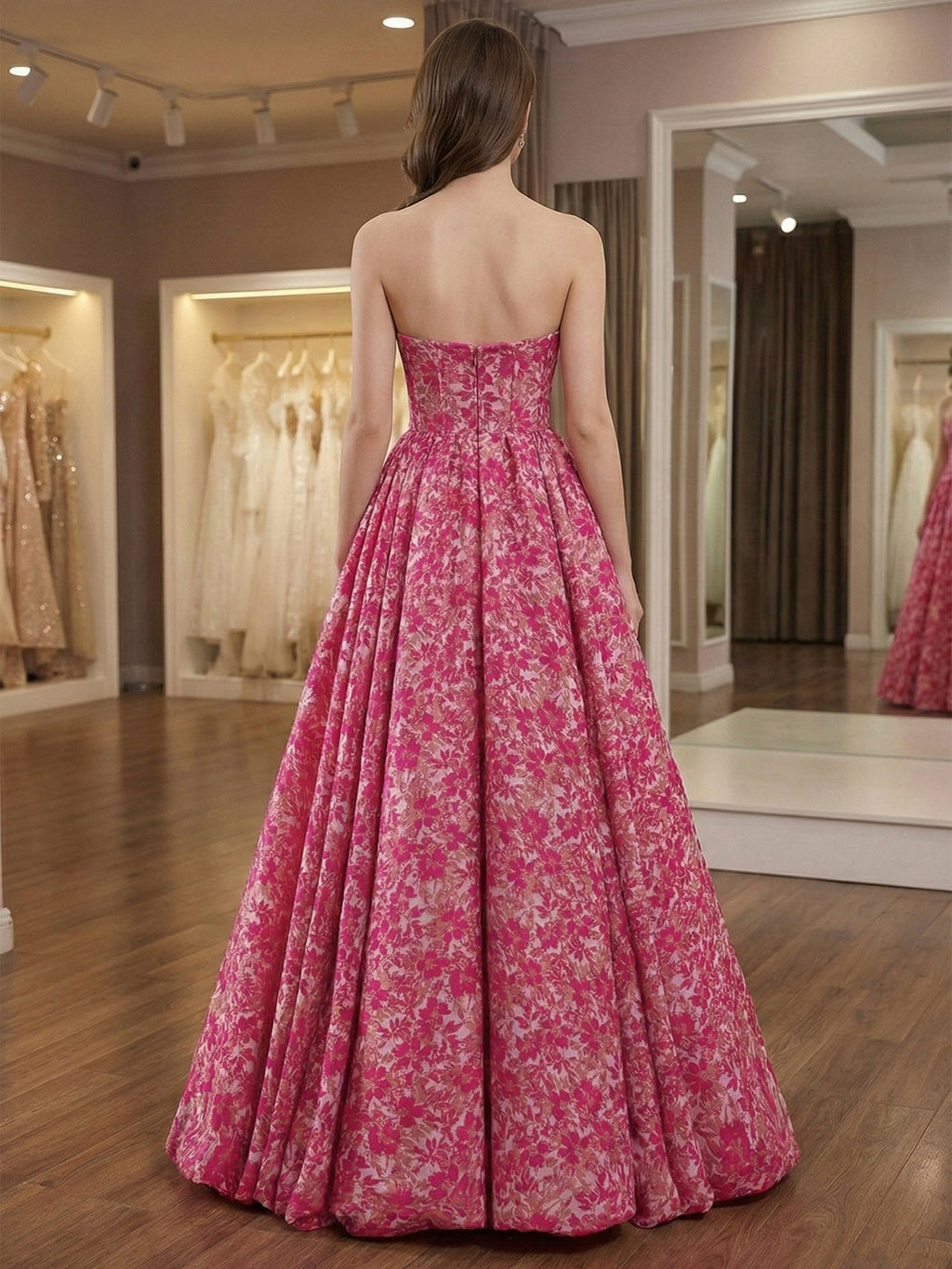 Vestido de baile em linha A, tom rosa radiante, brocado floral e sem alças