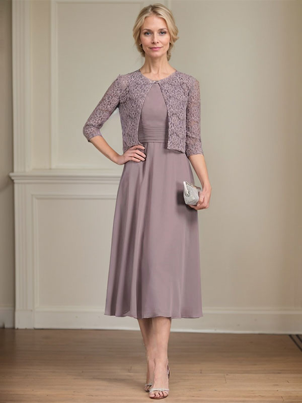 Robe de mère de la mariée en mousseline longueur thé ligne A à encolure dégagée avec plis