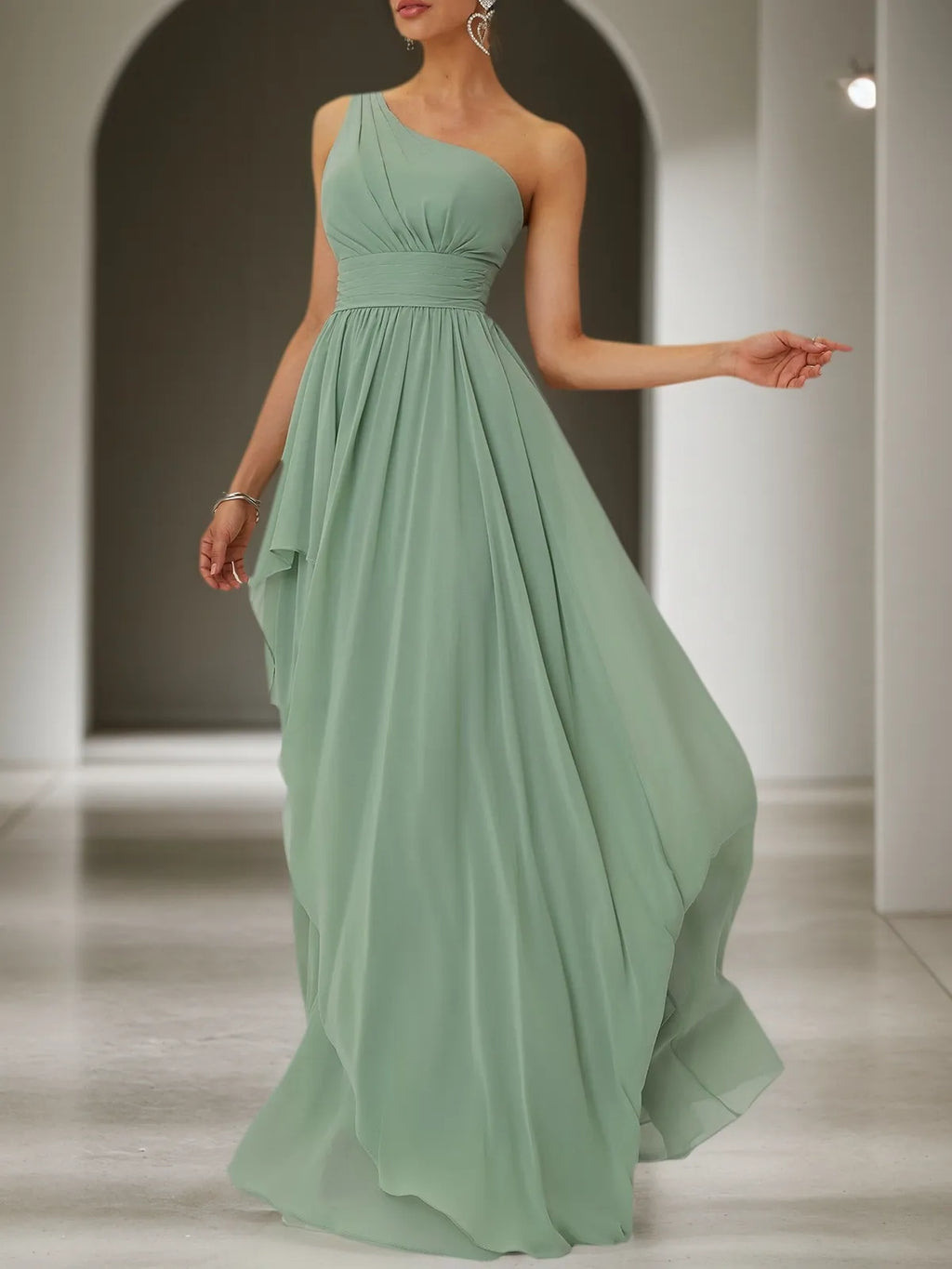 Light Green Ruched Asymmetric Chiffon One Shoulder Sleeveless A-Line Maxi Bridesmaid Dress