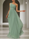 Light Green Ruched Asymmetric Chiffon One Shoulder Sleeveless A-Line Maxi Bridesmaid Dress