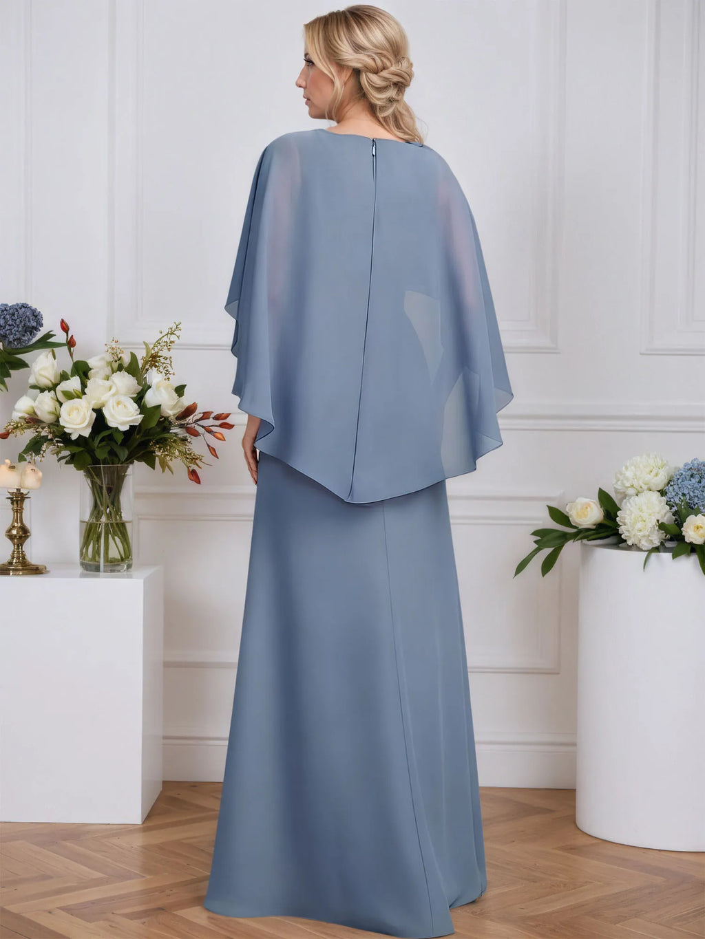 Vestido para la madre de la novia línea A con escote en V, largo hasta el suelo, encaje y gasa con lentejuelas florales 3D y volantes en cascada