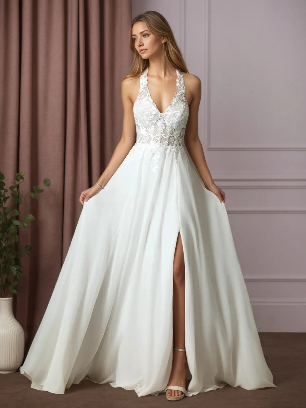 Vestido de novia blanco en línea A con encaje