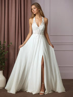 Vestido de novia blanco en línea A con encaje