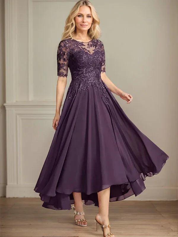 A-Linien Scoop-Ausschnitt Illusion asymmetrisches Chiffon-Spitzen-Mutter-der-Braut-Kleid mit Pailletten