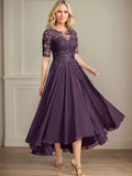 A-Linien Scoop-Ausschnitt Illusion asymmetrisches Chiffon-Spitzen-Mutter-der-Braut-Kleid mit Pailletten