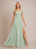 Sage A Line Chiffon Square Neck Floor Length Bridesmaid Dress With Bow