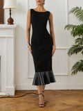 Schwarzes gestricktes Meerjungfrauen-Midikleid mit Bootsausschnitt und ärmellos