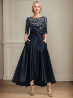 A-Linien-Kleid mit Rundhalsausschnitt, Illusionseffekt, asymmetrischem Satin-Spitzenstoff und Schleife für die Brautmutter