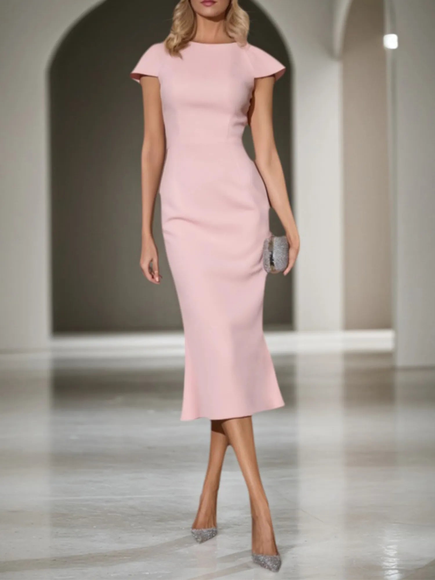 Vestido para convidada de casamento de outono rosa, midi sereia tipo tubinho com decote redondo