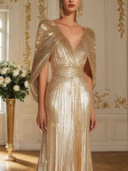 Formal Evening Fringe Dress Gold Sequin V Neck Cape Maxi Gown