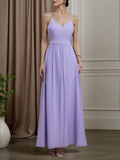 Vestido de dama de honor en línea A de gasa lavanda púrpura con tirantes de espagueti y gallus