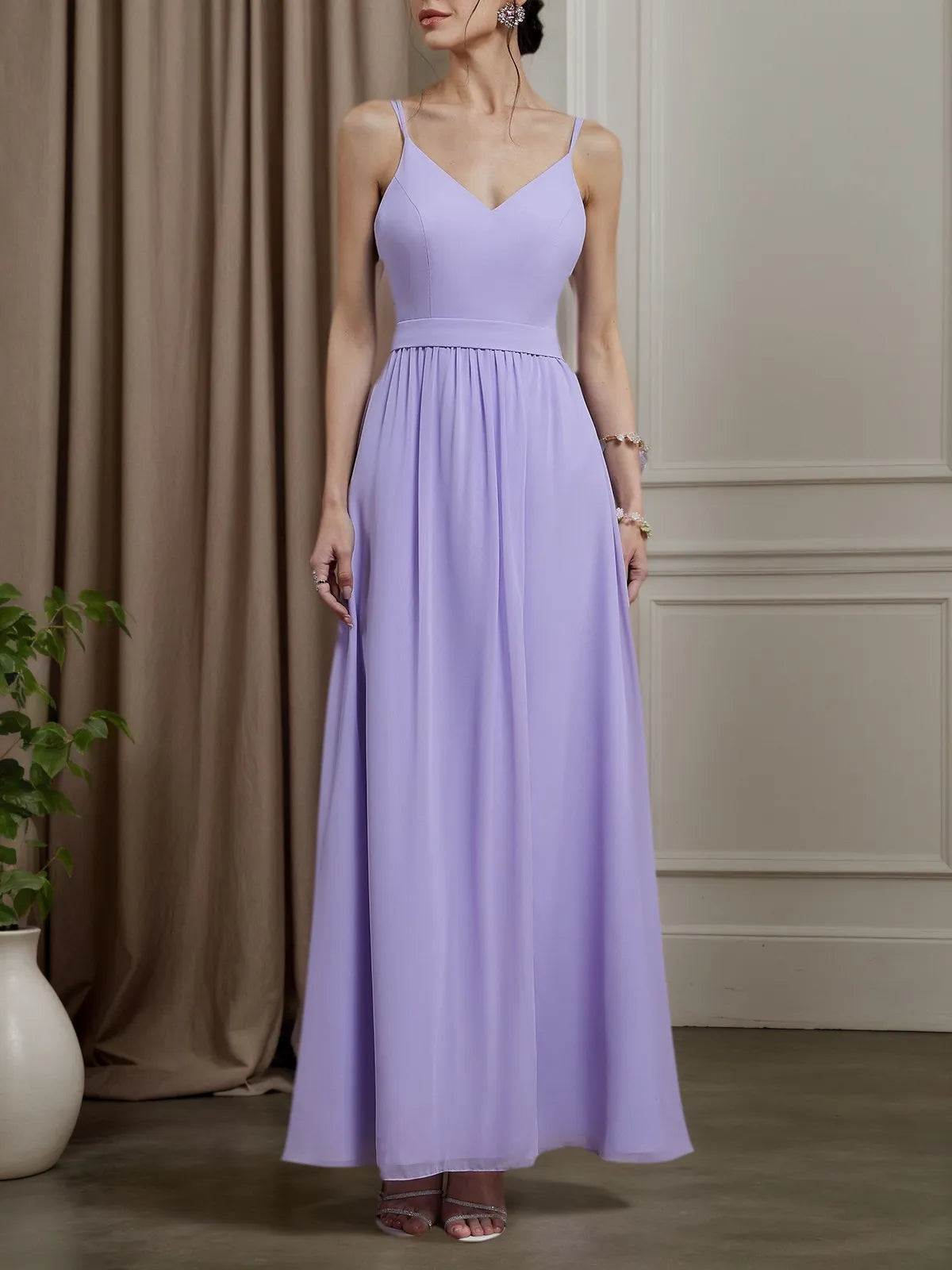 Lavendel Lila Chiffon Spaghettiträger A-Linien Kleid Brautjungfernkleid