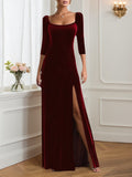 Vestido formal de terciopelo burdeos para madre de la novia, largo maxi con escote cuadrado