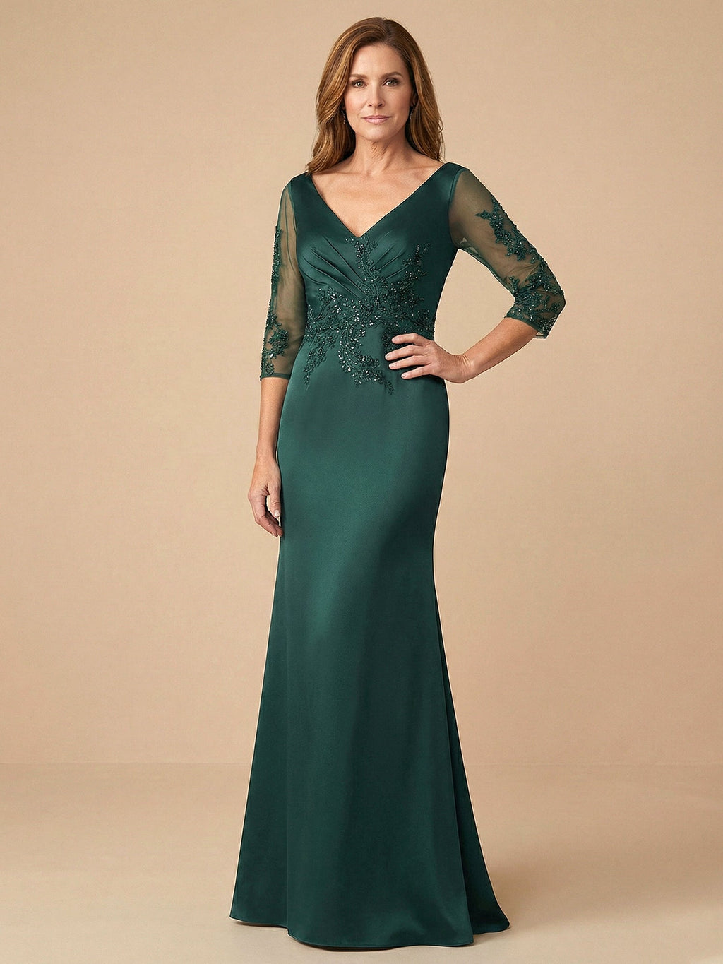 Vestido de madre de la novia de satén sirena con mangas medias de encaje y apliques para mujer