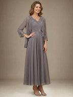 Vestido de madre de la novia línea A con escote en V, largo hasta el tobillo, gasa, lentejuelas, apliques, encaje y abalorios