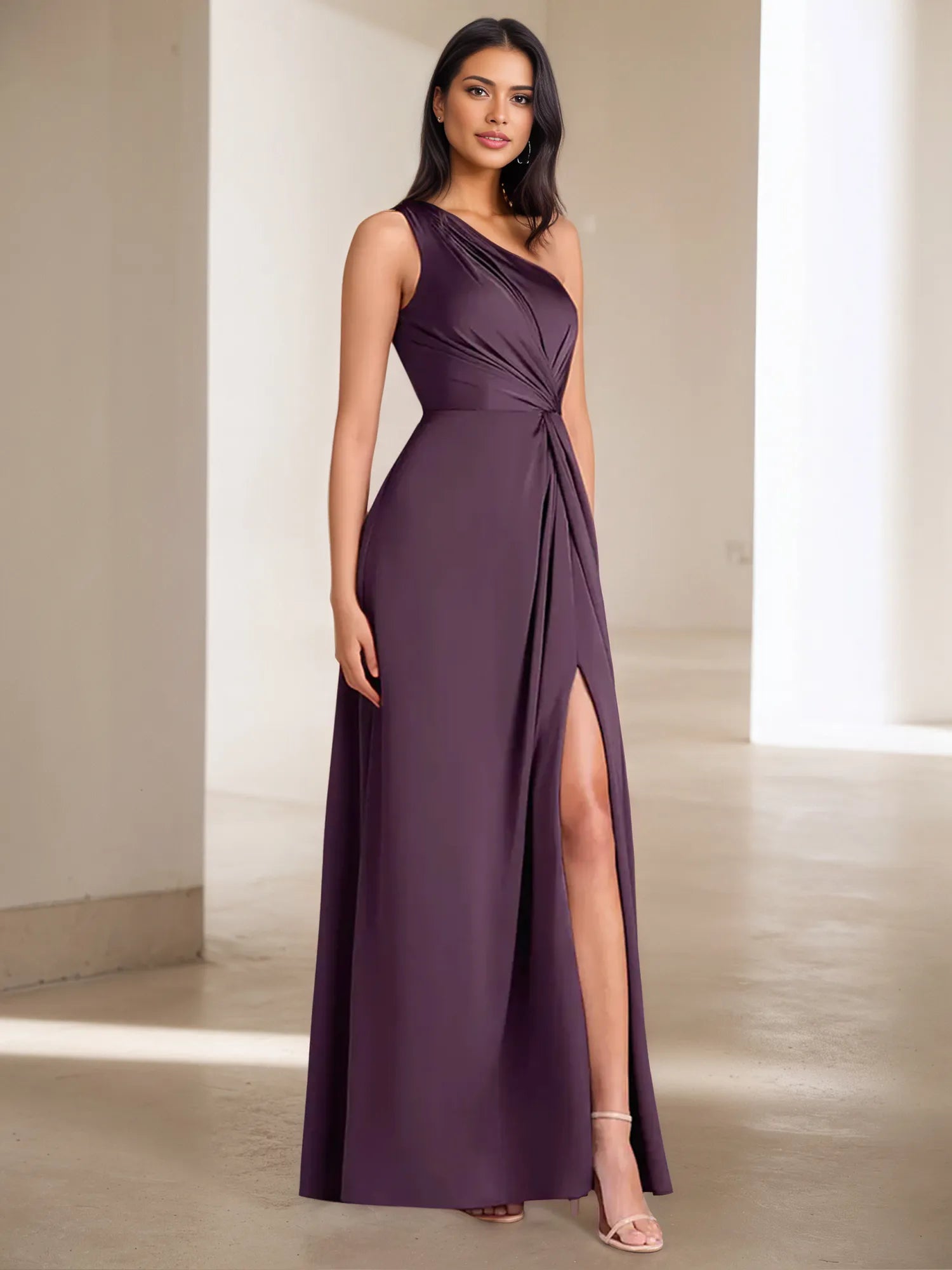 A Line One Shoulder Sleeveless Ruched Floor Length Dress