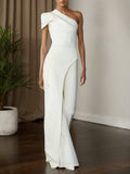 Conjunto de dos piezas para mujer: top elegante blanco con fruncido, un hombro y manga corta regular, con pantalones