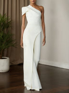 Conjunto de dos piezas para mujer: top elegante blanco con fruncido, un hombro y manga corta regular, con pantalones