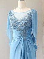Vestido para madre de la novia trompeta/sirena de gasa con escote redondo, mangas 1/2 y cuentas