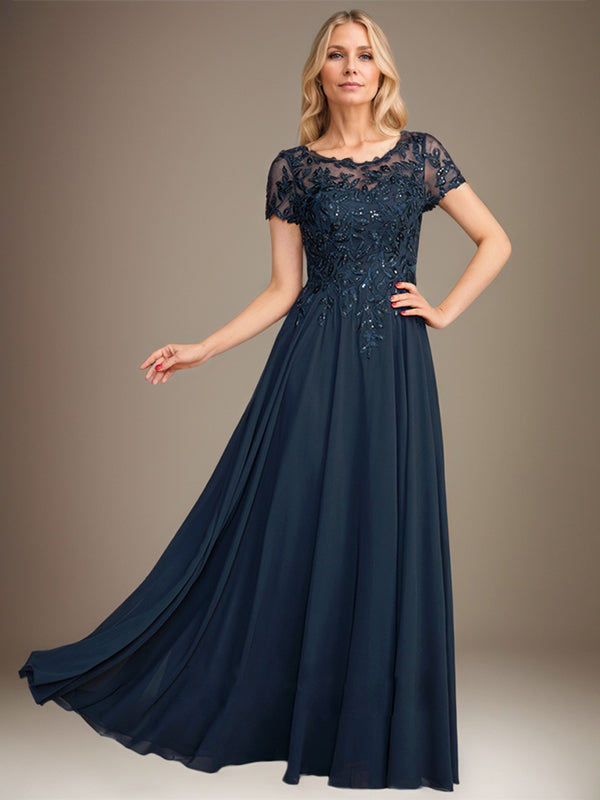 Robe de mère de la mariée en chiffon à coupe évasée, encolure arrondie, longueur au sol, avec appliques et sequins