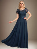 Robe de mère de la mariée en chiffon à coupe évasée, encolure arrondie, longueur au sol, avec appliques et sequins