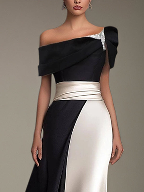 Robe de soirée formelle à une épaule, manches courtes, longueur au sol en satin