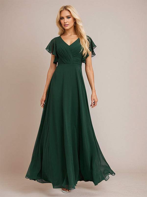 Dunkelgrünes A-Linien Chiffon Brautjungfernkleid mit V-Ausschnitt, bodenlang und Rüschen