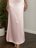 Vestido formal para invitadas de boda, maxi rosa de satén con cuello halter