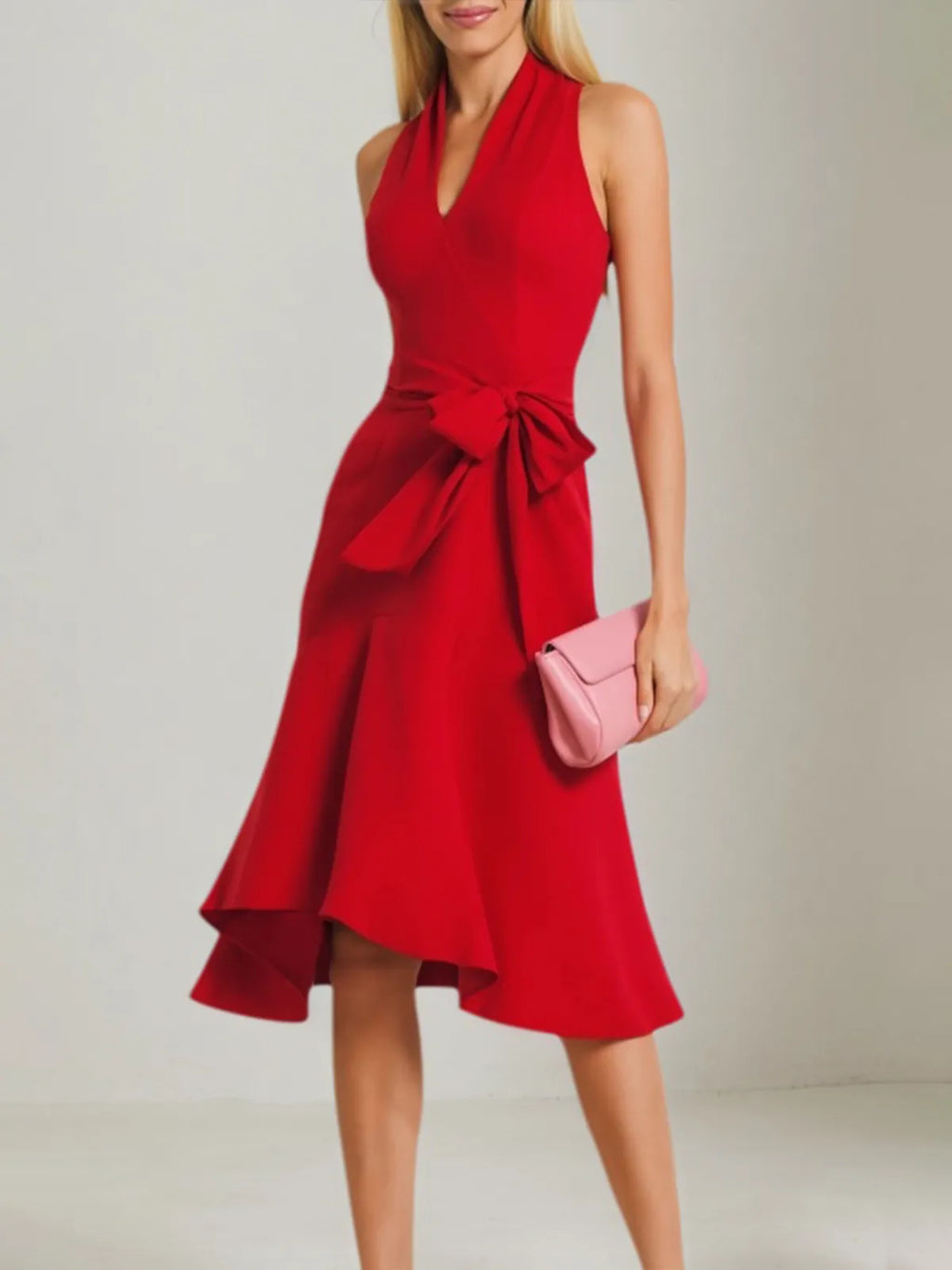 Vestido de cóctel rojo con escote en V y cordones, largo hasta la rodilla